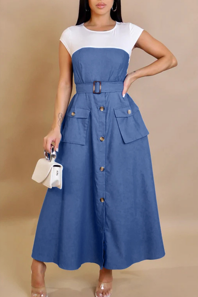 Daily Elegant Solid Color Patchwork Contrast O Neck Long Dresses