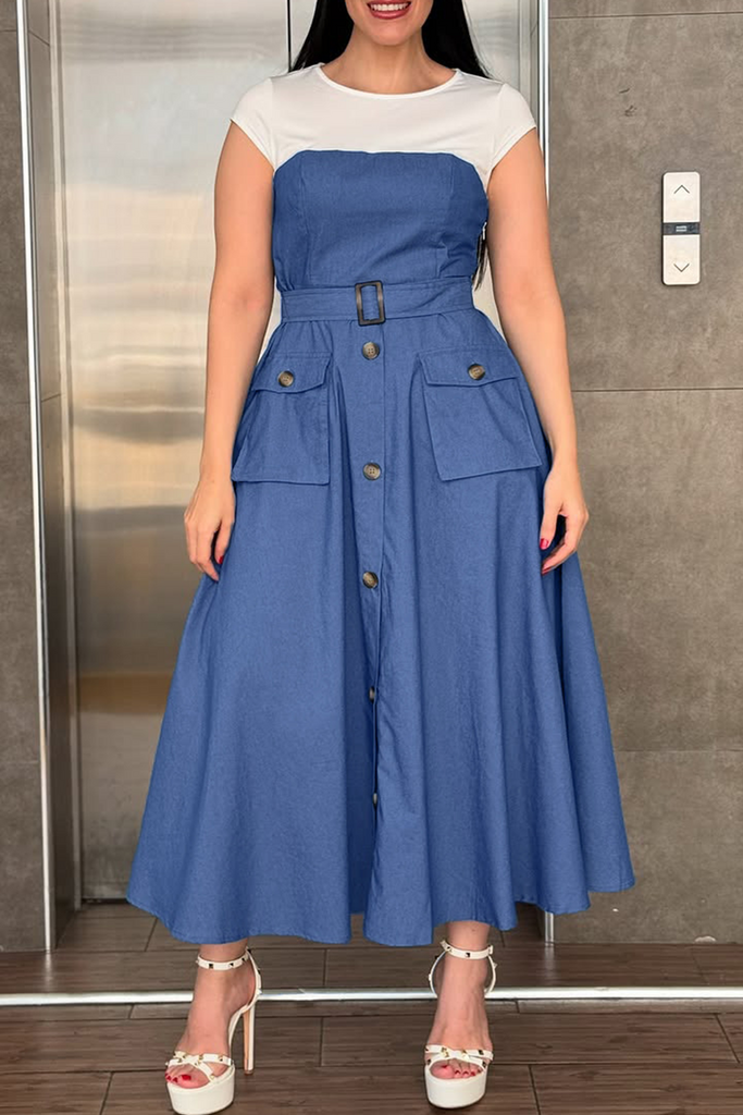 Daily Elegant Solid Color Patchwork Contrast O Neck Long Dresses