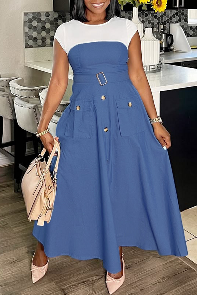 Daily Elegant Solid Color Patchwork Contrast O Neck Long Dresses