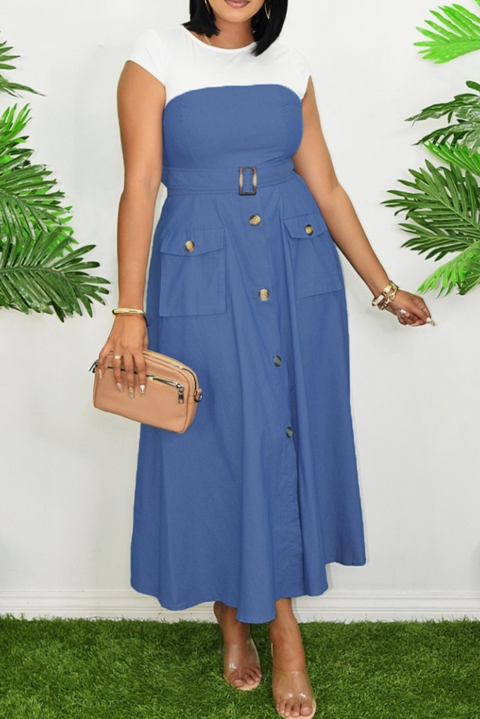 Daily Elegant Solid Color Patchwork Contrast O Neck Long Dresses
