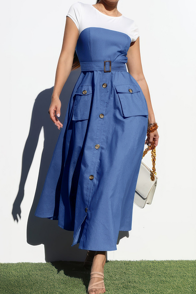 Daily Elegant Solid Color Patchwork Contrast O Neck Long Dresses