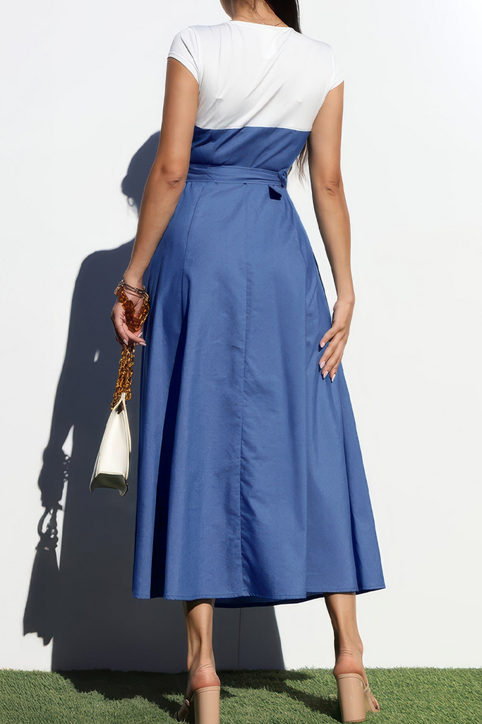 Daily Elegant Solid Color Patchwork Contrast O Neck Long Dresses