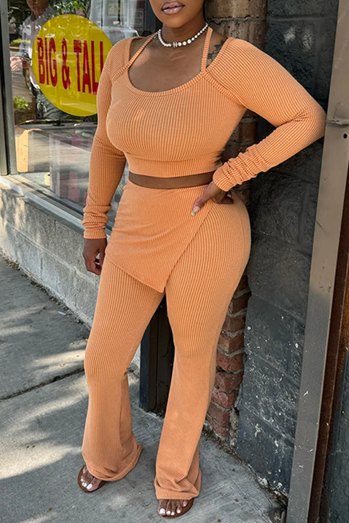 Casual Daily Solid Color Patchwork O Neck Long Sleeve Two Pieces