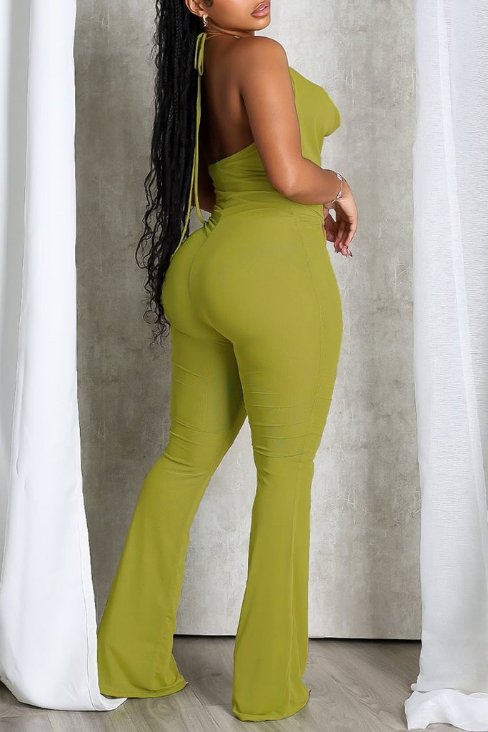 Sexy Hot Solid Color Hollow Out Backless Belted Halter Skinny Jumpsuits