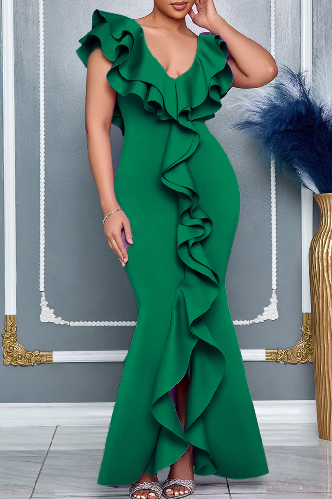 Elegant Solid Color Slit Flounce V Neck Evening Dresses