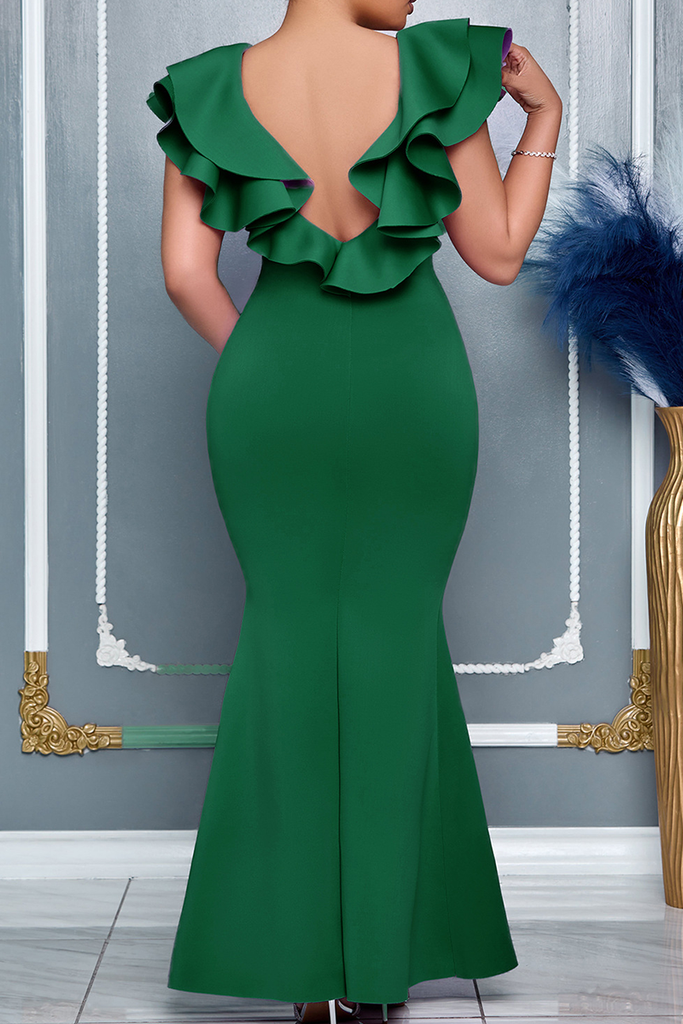 Elegant Solid Color Slit Flounce V Neck Evening Dresses