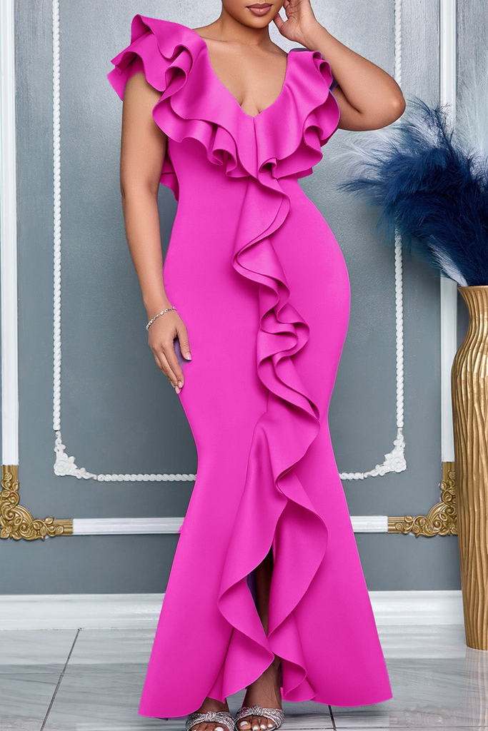 Elegant Solid Color Slit Flounce V Neck Evening Dresses