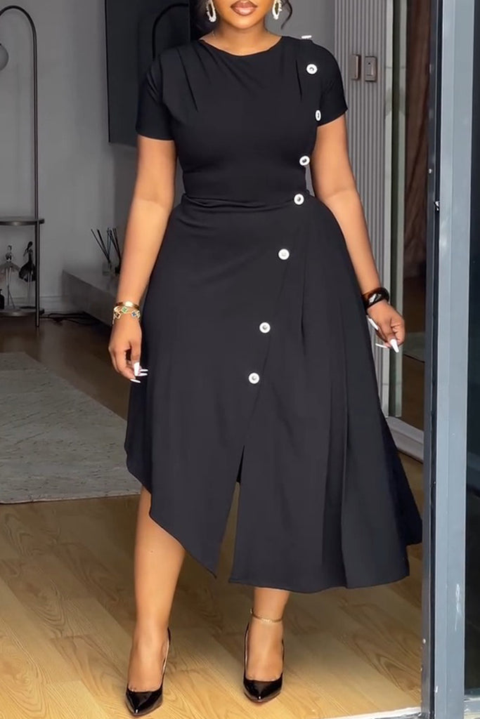 Casual Daily Solid Color Buttons Slit O Neck Short Sleeve Dresses