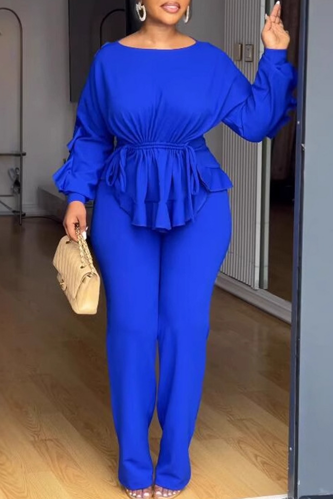 Daily Elegant Solid Color Draw String Belted O Neck Long Sleeve Two Pieces
