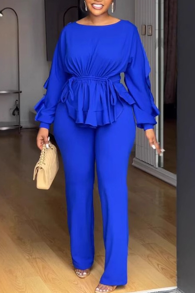 Daily Elegant Solid Color Draw String Belted O Neck Long Sleeve Two Pieces