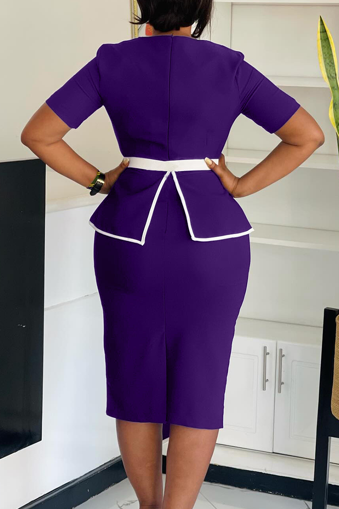 Office lady Elegant Solid Color With Belt Contrast O Neck Wrapped Skirt Dresses