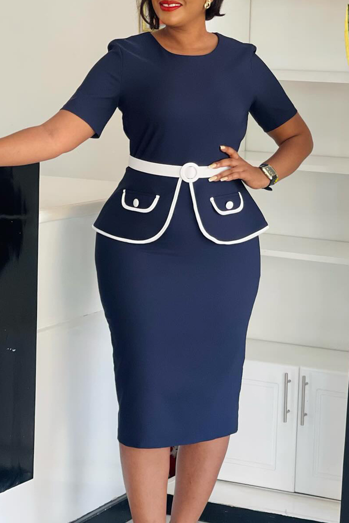 Office lady Elegant Solid Color With Belt Contrast O Neck Wrapped Skirt Dresses