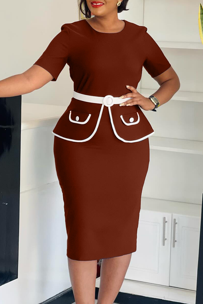 Office lady Elegant Solid Color With Belt Contrast O Neck Wrapped Skirt Dresses