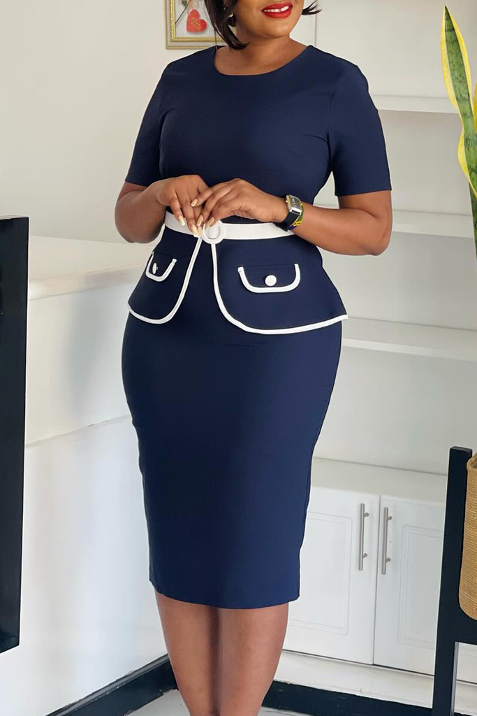Office lady Elegant Solid Color With Belt Contrast O Neck Wrapped Skirt Dresses