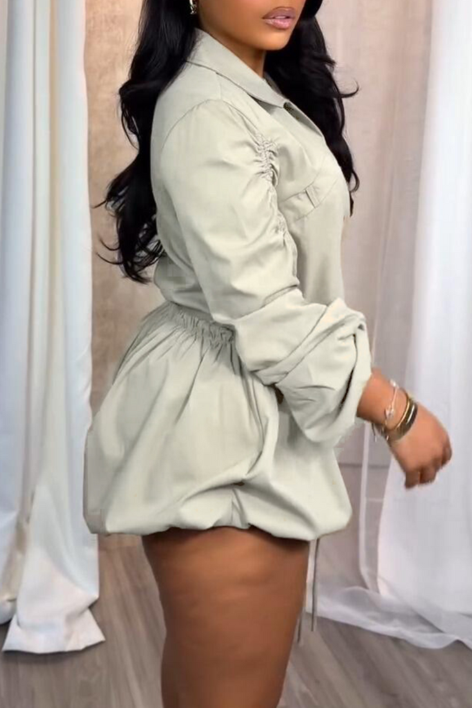 Casual Daily Solid Color Draw String Lace Up Buttons Turndown Collar Regular Romper