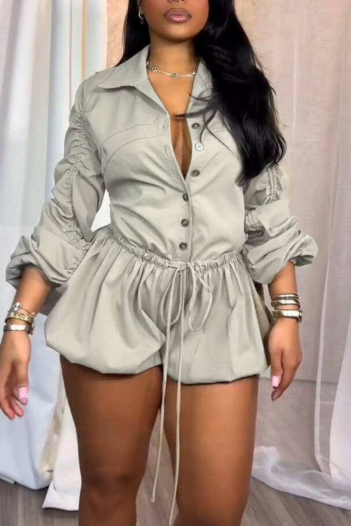 Casual Daily Solid Color Draw String Lace Up Buttons Turndown Collar Regular Romper
