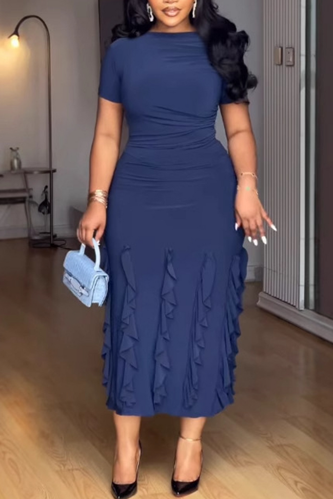 Casual Daily Elegant Solid Color Patchwork O Neck Short Sleeve Dresses