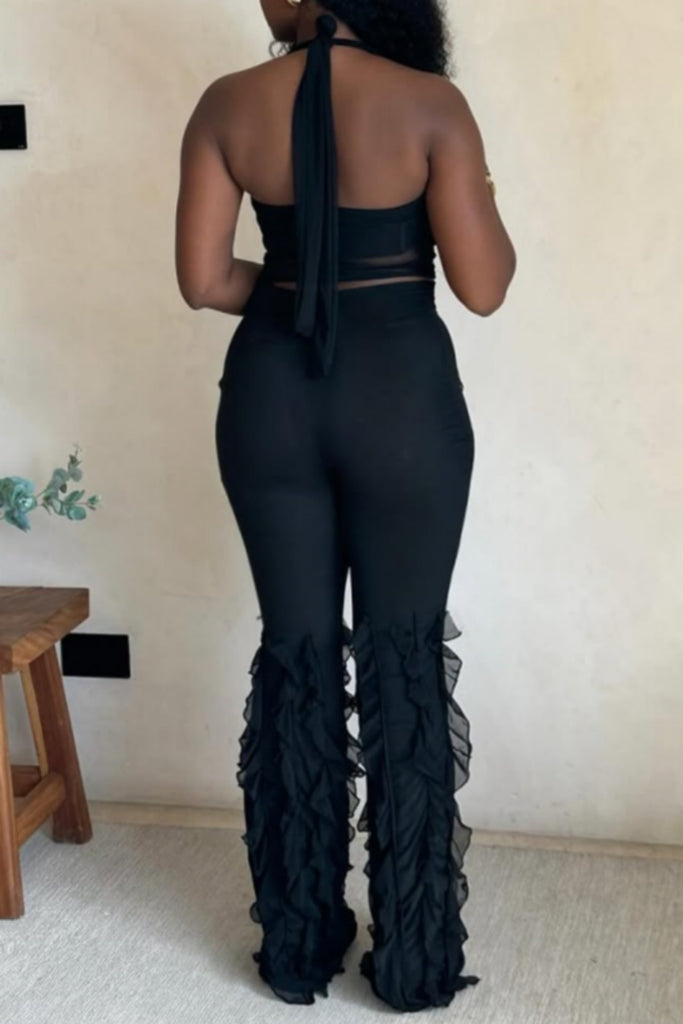 Sexy Casual Daily Solid Color Backless Belted Halter Sleeveless Two Pieces