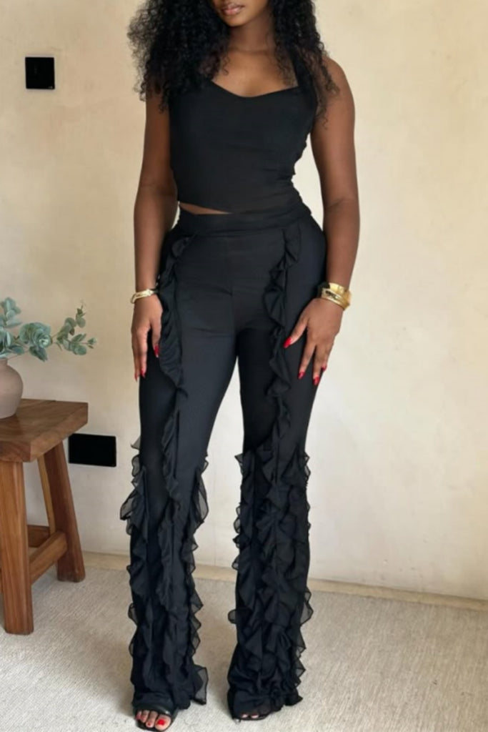 Sexy Casual Daily Solid Color Backless Belted Halter Sleeveless Two Pieces