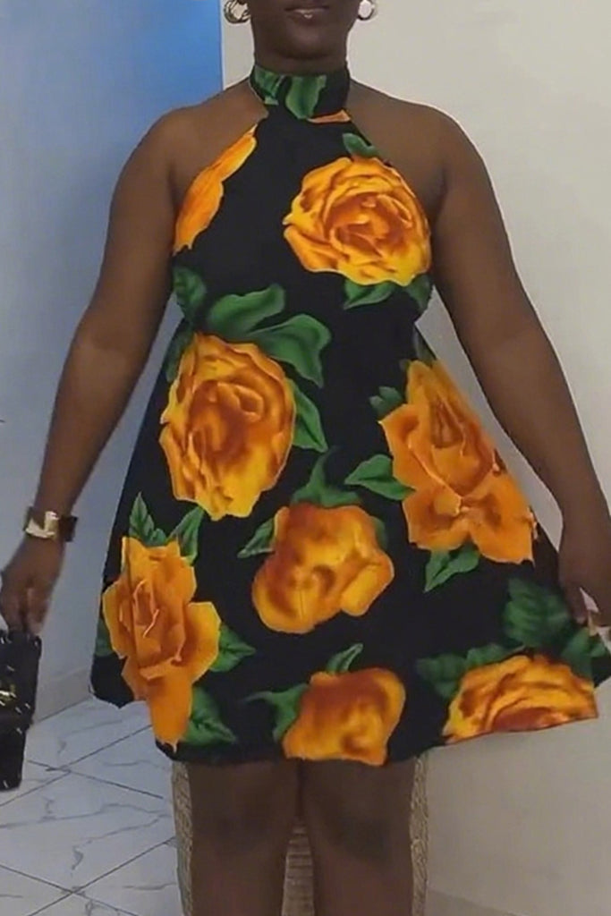 Sexy Casual Daily Vacation Print Belted Halter Sleeveless Dresses