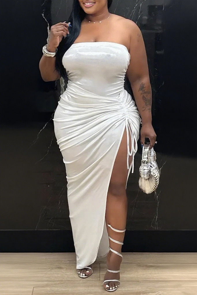 Sexy Solid Color Draw String Lace Up Backless Slit Strapless Sleeveless Two Pieces