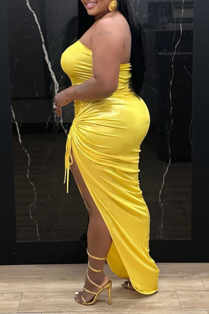 Sexy Solid Color Draw String Lace Up Backless Slit Strapless Sleeveless Two Pieces