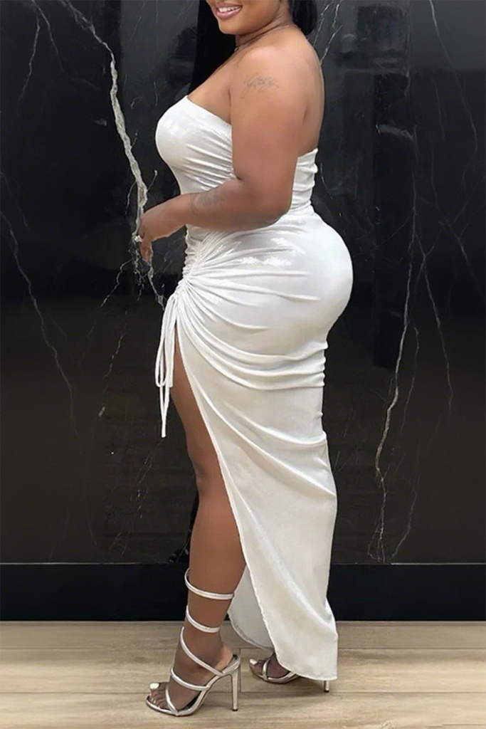 Sexy Solid Color Draw String Lace Up Backless Slit Strapless Sleeveless Two Pieces