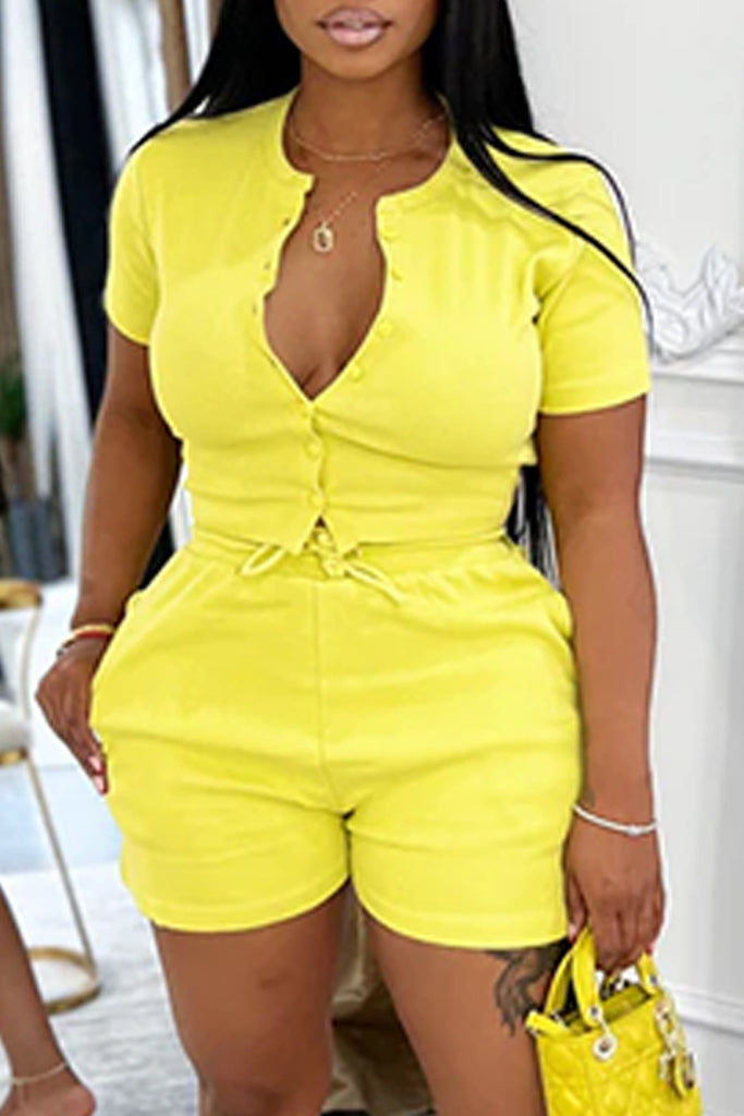 Casual Daily Solid Color Buttons Button Collar Short Sleeve Two Pieces
