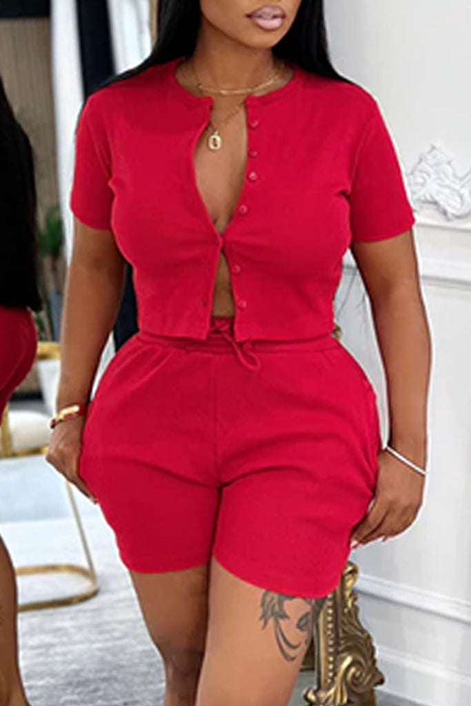 Casual Daily Solid Color Buttons Button Collar Short Sleeve Two Pieces
