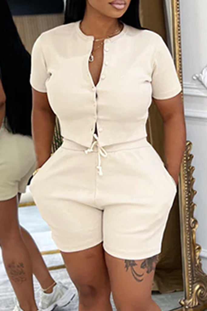 Casual Daily Solid Color Buttons Button Collar Short Sleeve Two Pieces