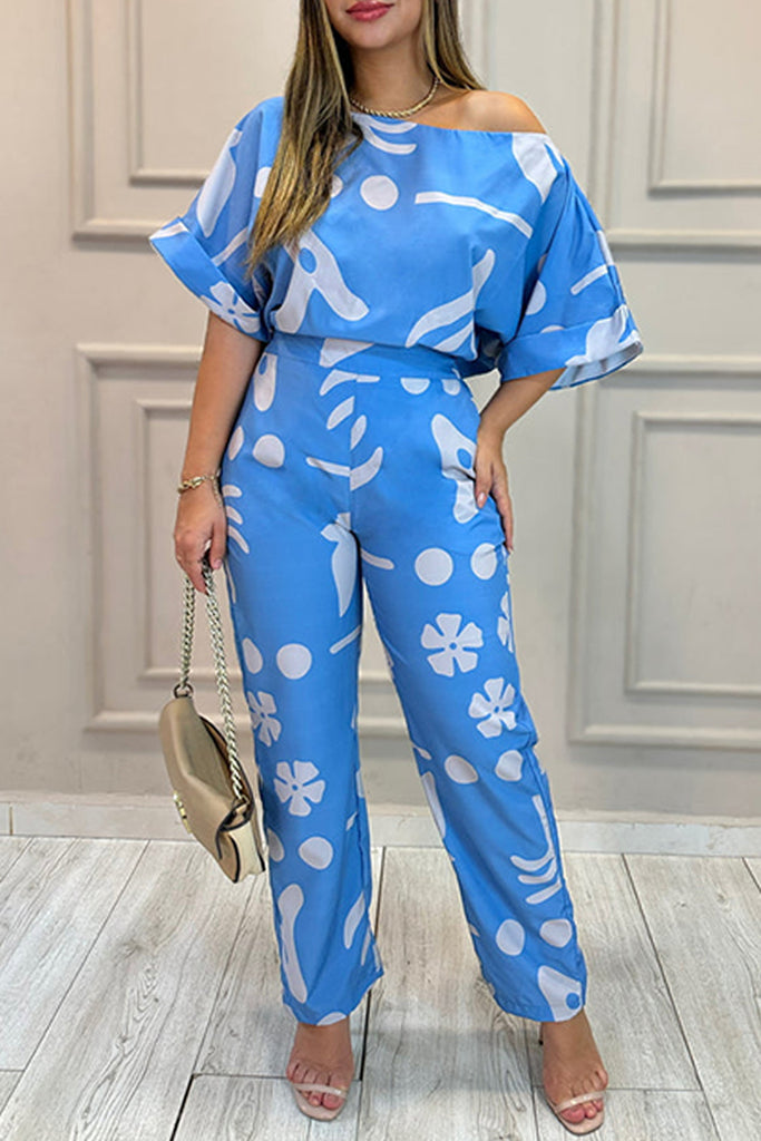Casual Daily Print Basic Oblique Collar Half Sleeve Two Pieces