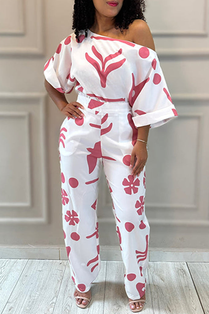Casual Daily Print Basic Oblique Collar Half Sleeve Two Pieces
