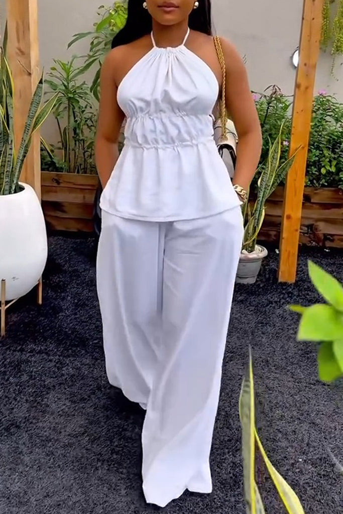 Casual Daily Solid Color Belted Halter Sleeveless Two Pieces