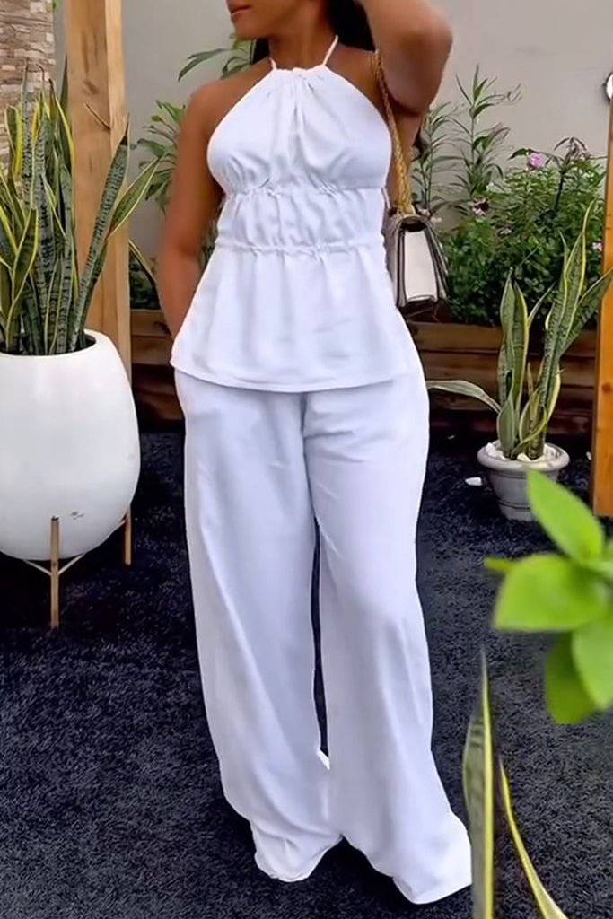 Casual Daily Solid Color Belted Halter Sleeveless Two Pieces