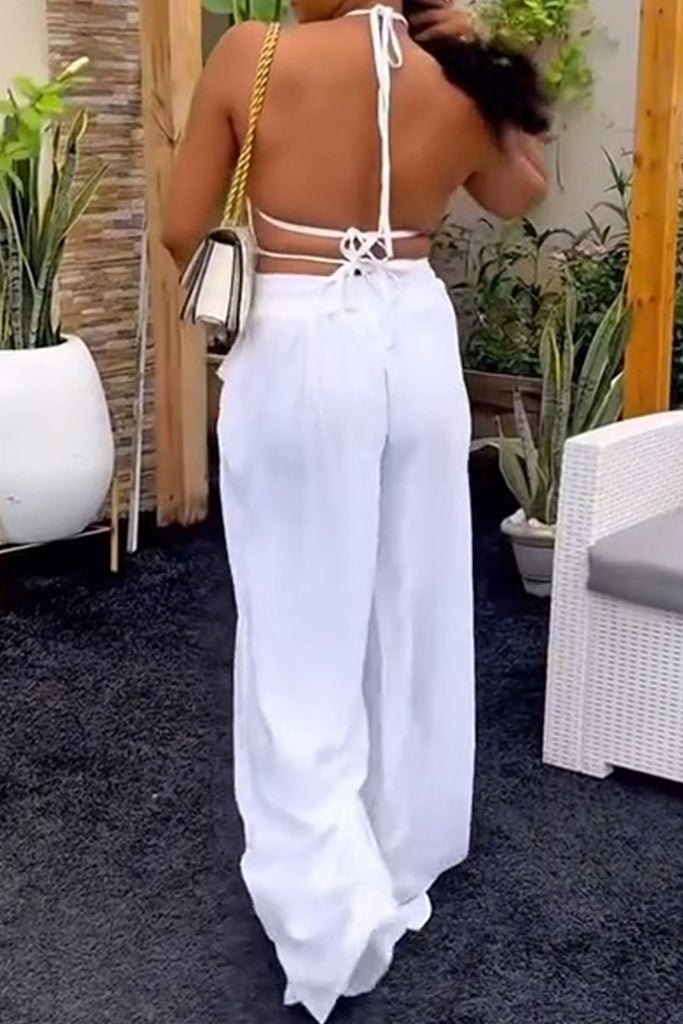 Casual Daily Solid Color Belted Halter Sleeveless Two Pieces