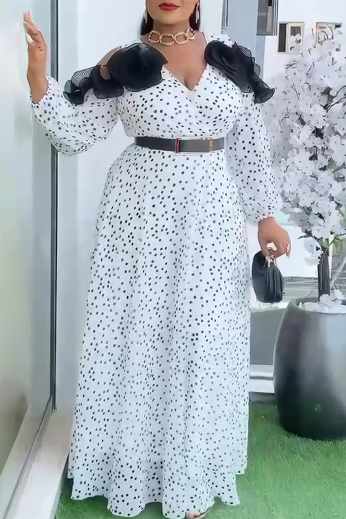 Elegant Polka Dot With Belt V Neck Long Plus Size Dresses