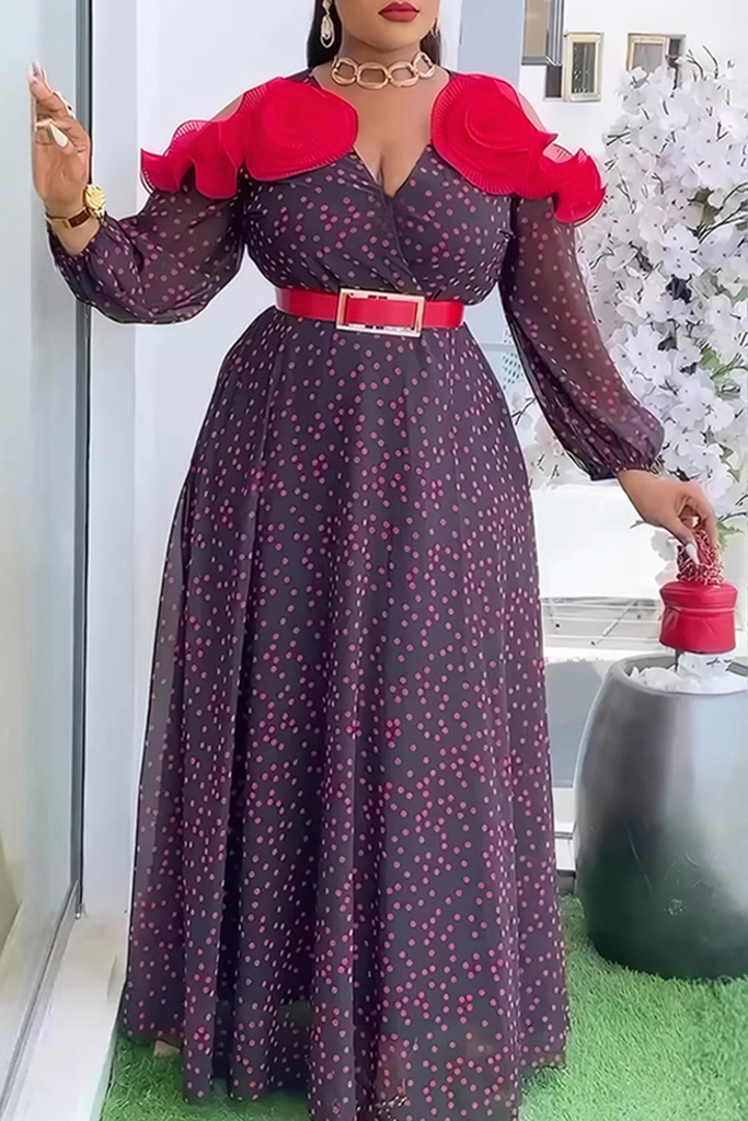 Elegant Polka Dot With Belt V Neck Long Plus Size Dresses