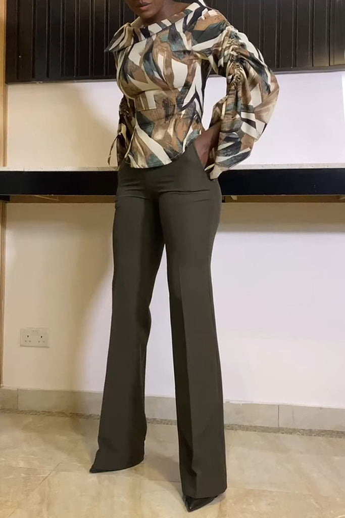 Casual Daily Print Ruched Boat Neck Long Sleeve Two Pieces