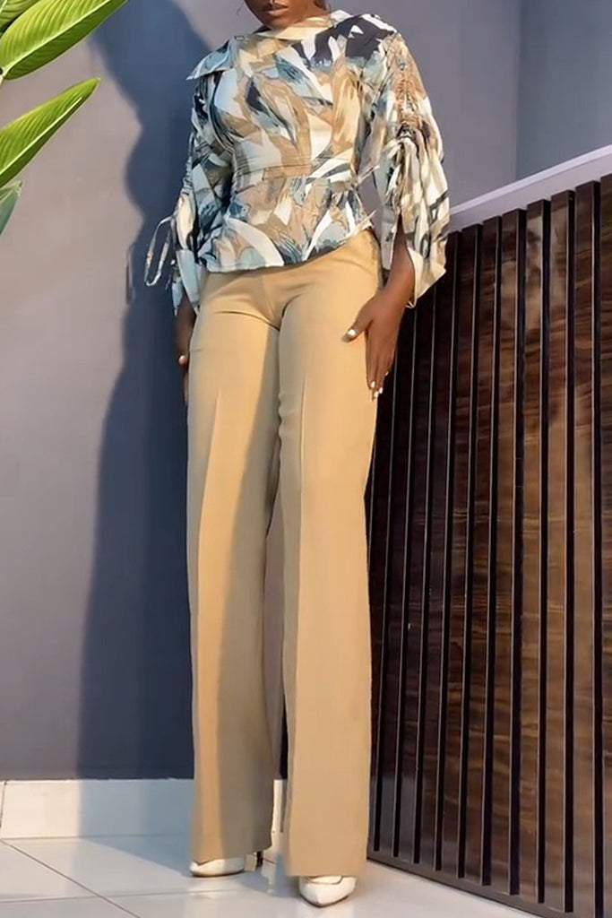 Casual Daily Print Ruched Boat Neck Long Sleeve Two Pieces