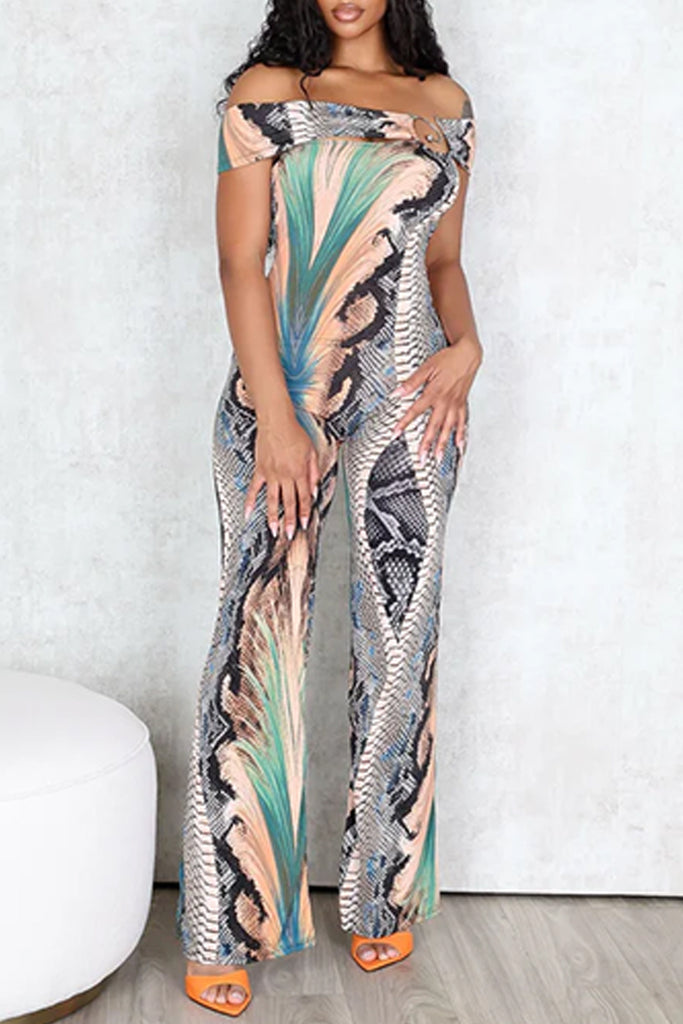 Casual Daily Print Patchwork Metal Accessories Trim Off Shoulder Bodycon Jumpsuits