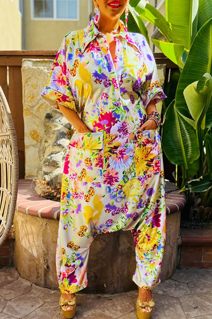 Casual Daily Floral Print Pocket Turndown Collar Regular Jumpsuits