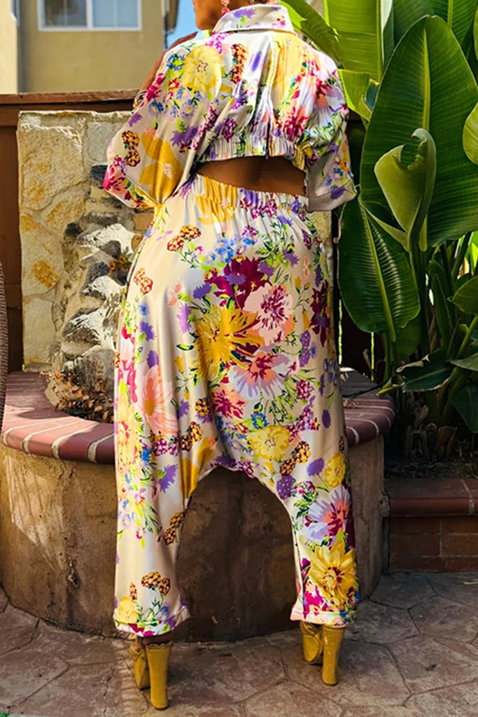 Casual Daily Floral Print Pocket Turndown Collar Regular Jumpsuits