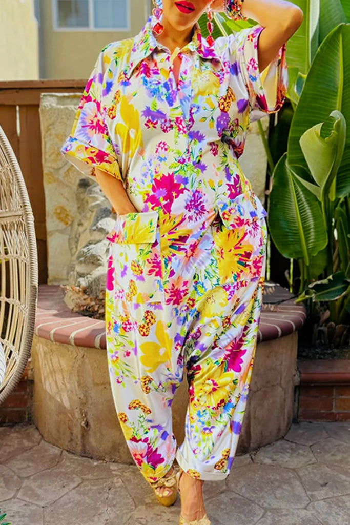 Casual Daily Floral Print Pocket Turndown Collar Regular Jumpsuits