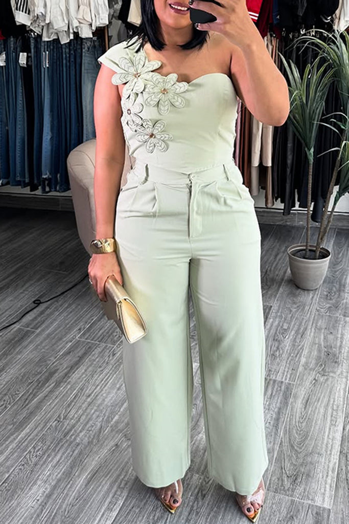 Casual Daily Solid Color Patchwork Backless Flowers One Shoulder Sleeveless Two Pieces