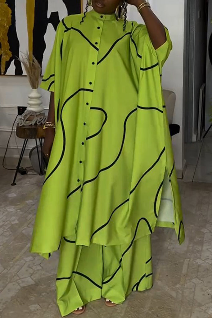 Casual Daily Print Slit Button Collar Half Sleeve Two Pieces