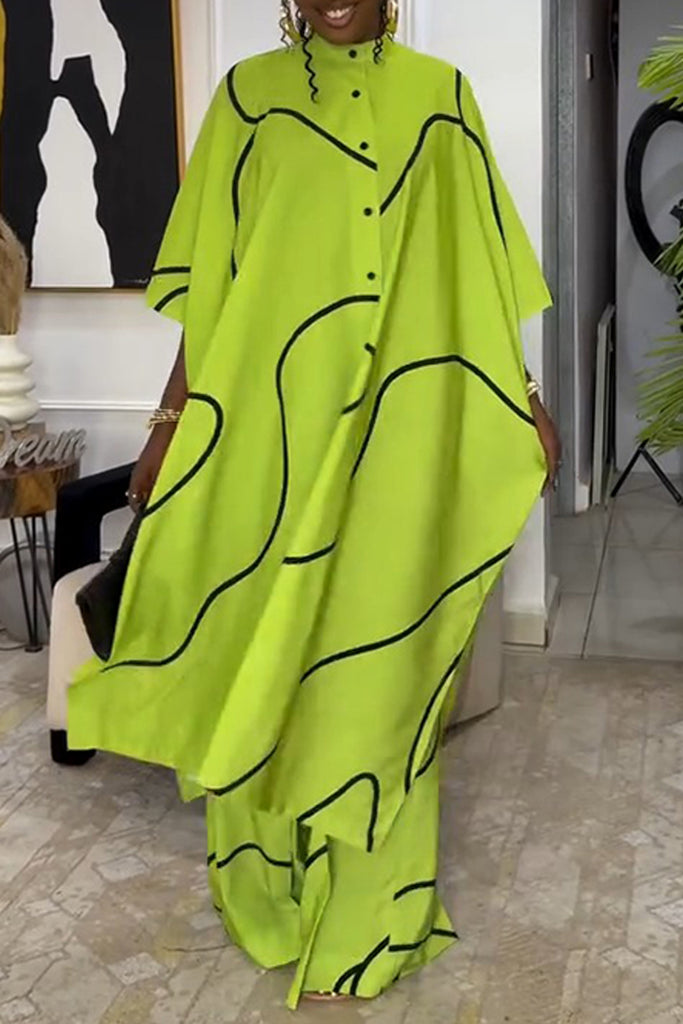 Casual Daily Print Slit Button Collar Half Sleeve Two Pieces