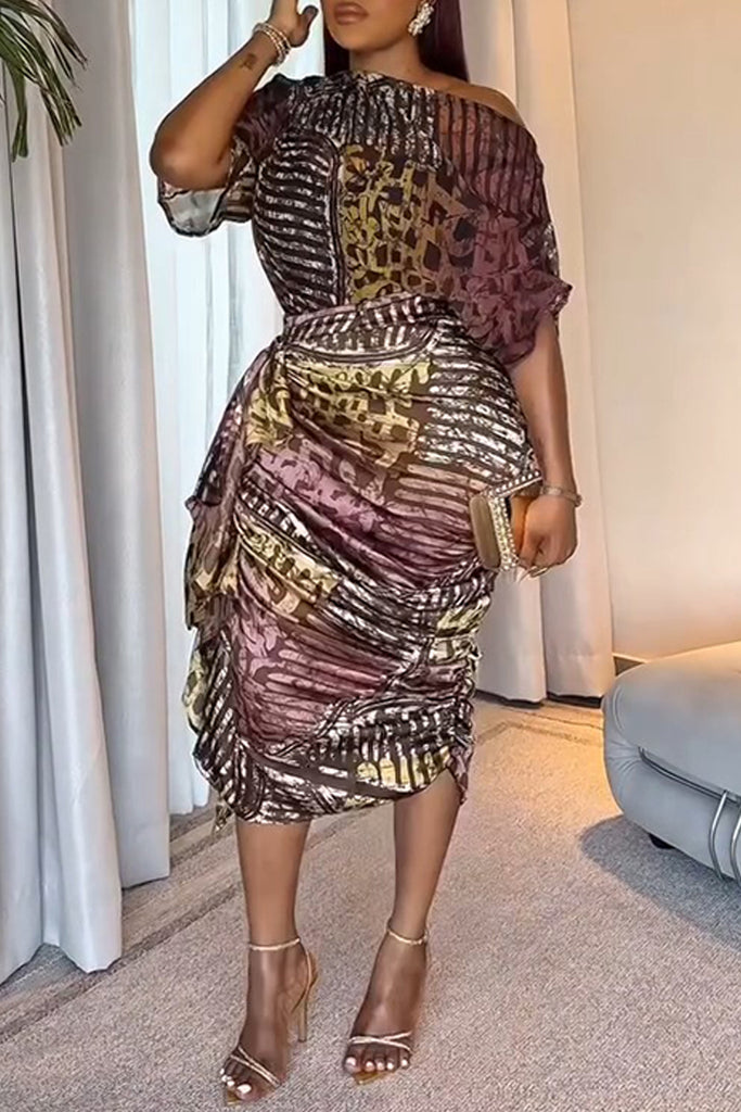 Daily Elegant Print Ruched Oblique Collar Half Sleeve Two Pieces