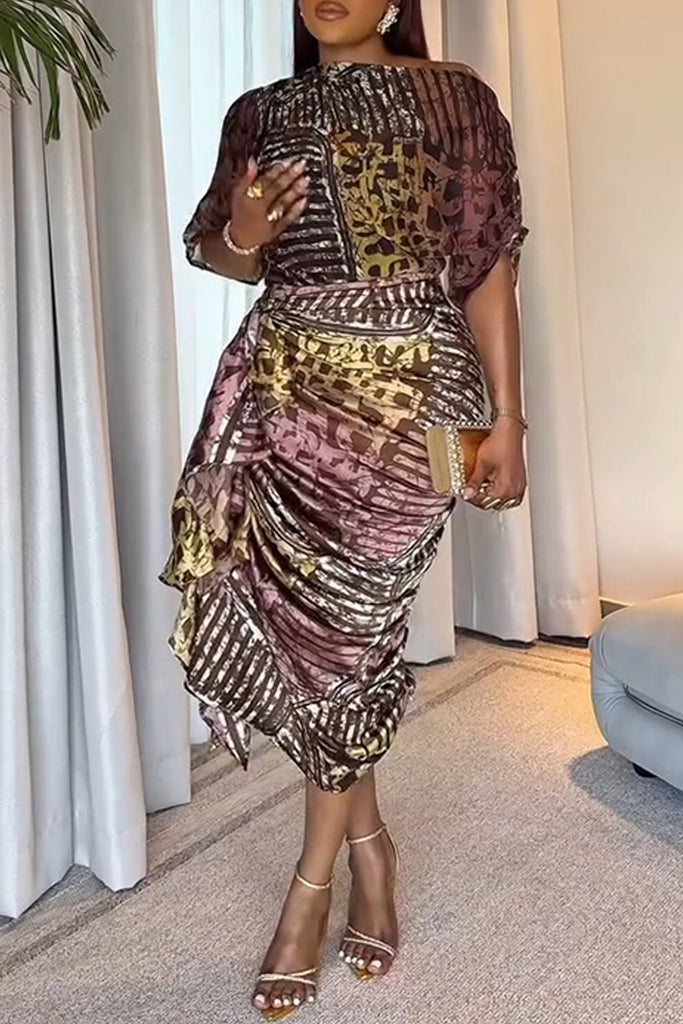Daily Elegant Print Ruched Oblique Collar Half Sleeve Two Pieces