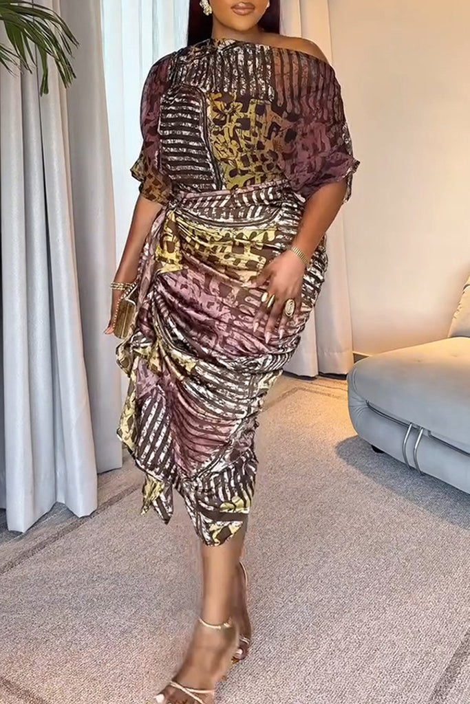 Daily Elegant Print Ruched Oblique Collar Half Sleeve Two Pieces