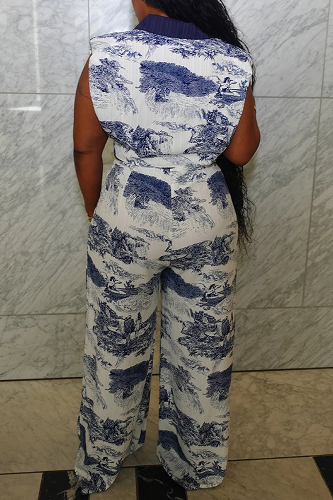 Casual Daily Print Buttons Belted Turndown Collar Sleeveless Two Pieces